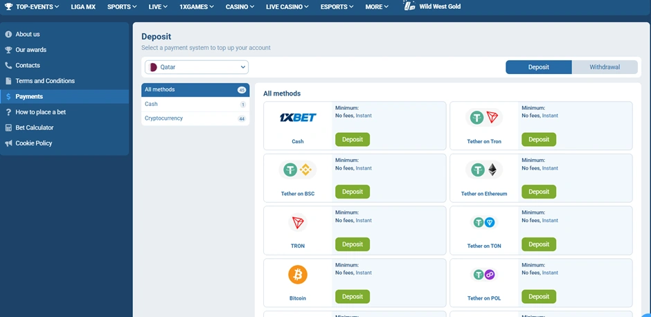 1xBet-cryptocurrency-deposit-methods