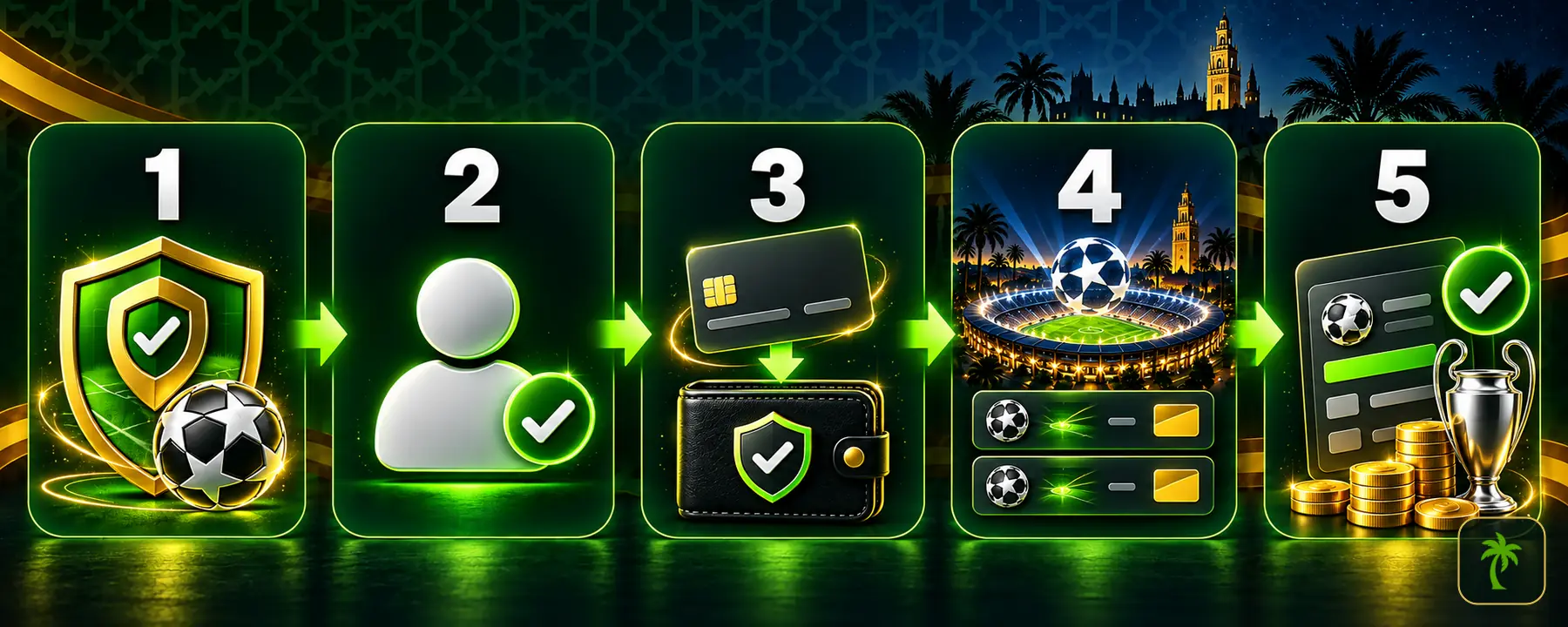 خمس خطوات للمراهنة على دوري أبطال أوروبا: التحقق من الوصول، توثيق الحساب، الإيداع، اختيار المباراة وتأكيد القسيمة