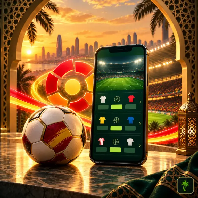 La Liga betting app on a smartphone next to a football in Spanish colours at sunset