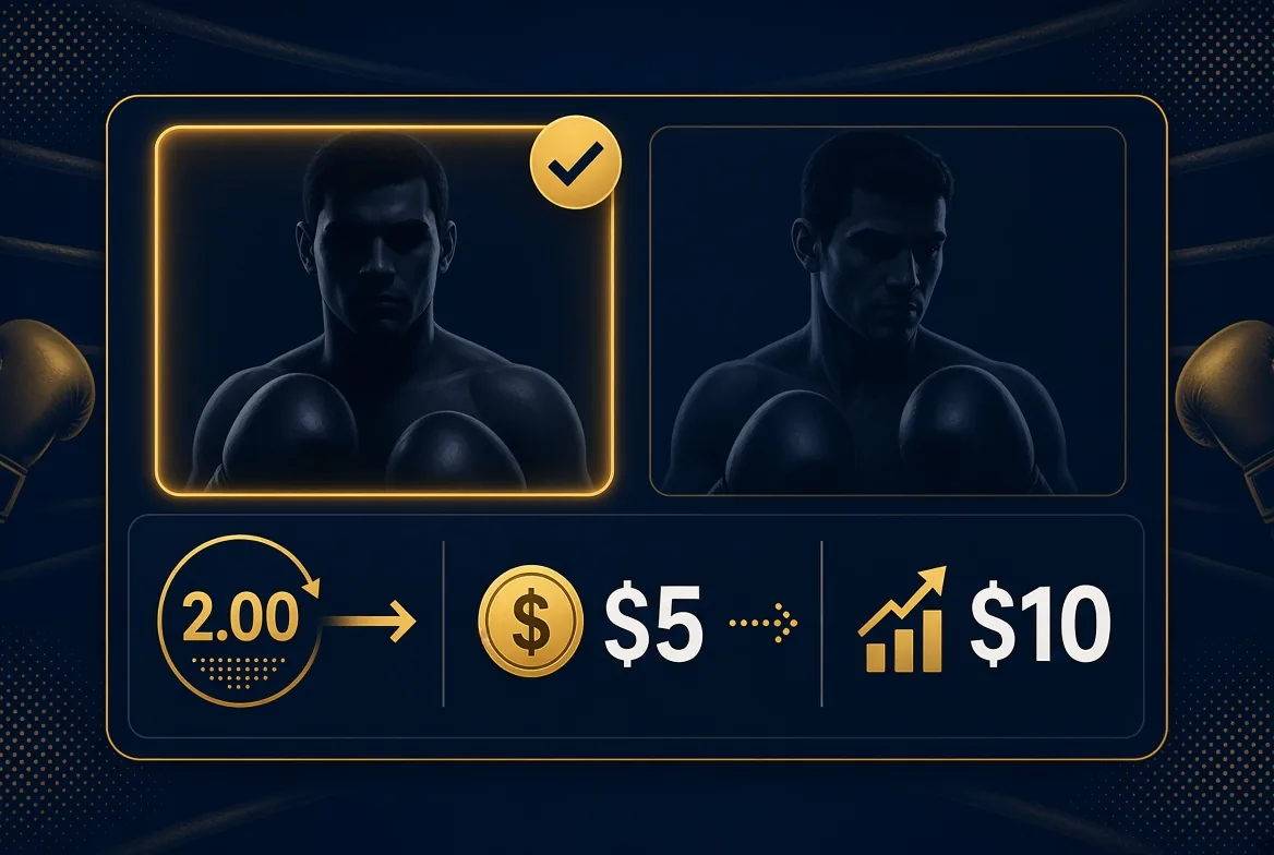 Boxing fight winner bet example: $5 stake at 2.00 odds returns $10