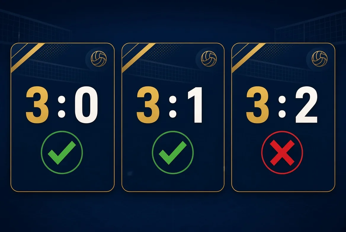 Volleyball -1.5 set handicap example: 3-0 and 3-1 wins, 3-2 loses